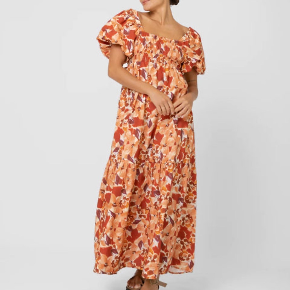 The Lullaby Club Orange Floral Puff-Sleeve Maxi Dress